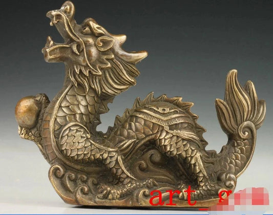 Asian Vintage Collectible Old Handmade Deep Carved Casting Brass Dragon Statue