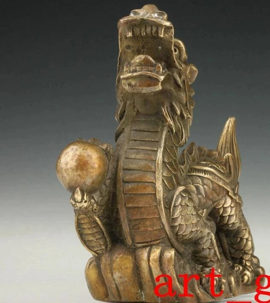 Asian Vintage Collectible Old Handmade Deep Carved Casting Brass Dragon Statue