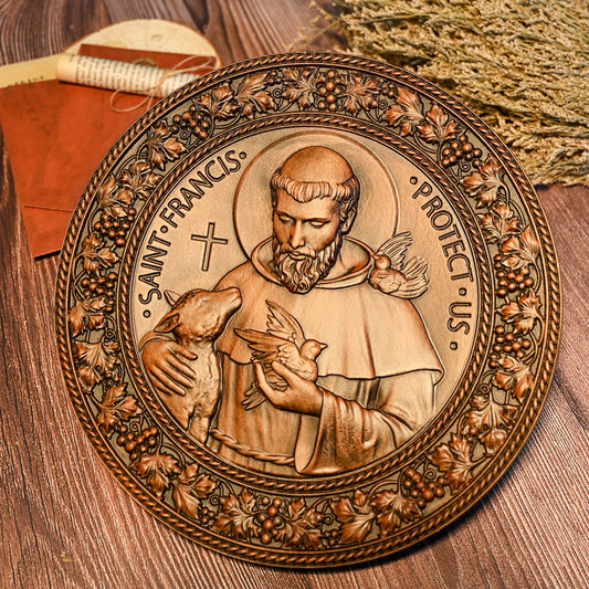 Assisi St. Francis Disc Religious Icon Wooden Craft Christian Holy Statue Ornament Natural Solid Wood Wood Carving Free Shipping