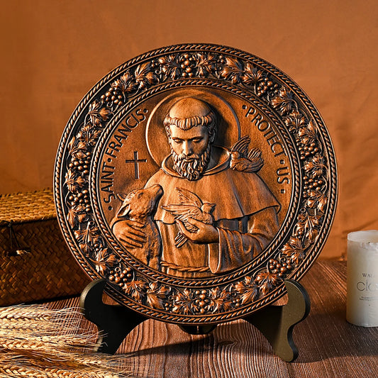 Assisi St. Francis Disc Religious Icon Wooden Craft Christian Holy Statue Ornament Natural Solid Wood Wood Carving Free Shipping