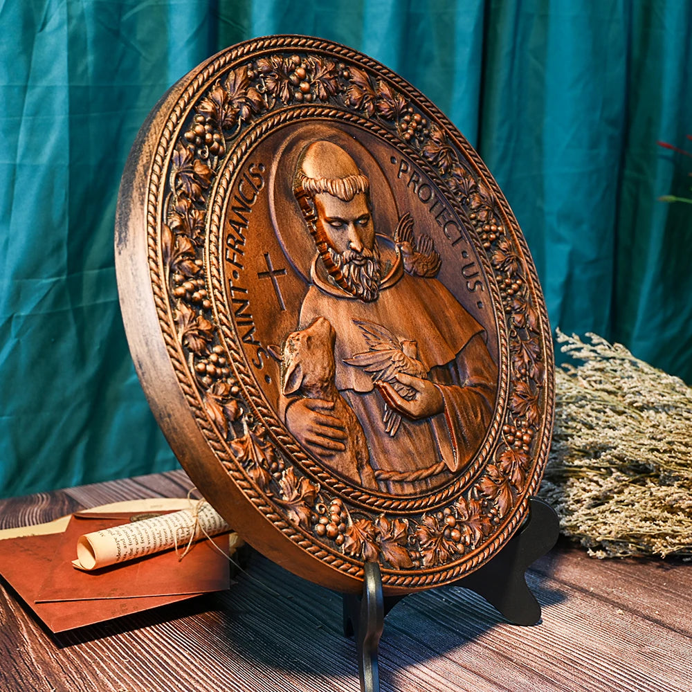 Assisi St. Francis Disc Religious Icon Wooden Craft Christian Holy Statue Ornament Natural Solid Wood Wood Carving Free Shipping