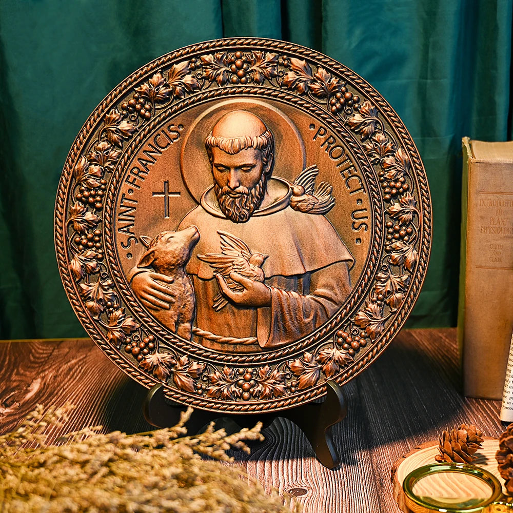 Assisi St. Francis Disc Religious Icon Wooden Craft Christian Holy Statue Ornament Natural Solid Wood Wood Carving Free Shipping