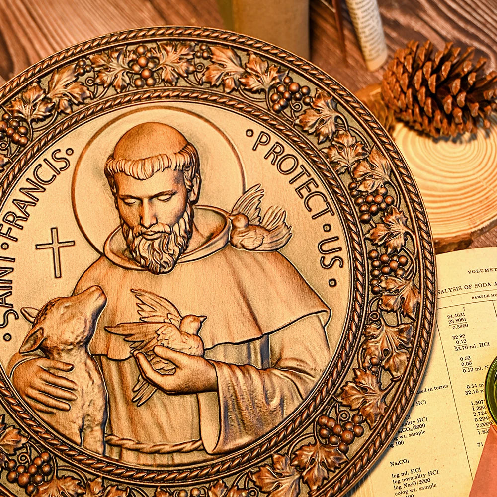 Assisi St. Francis Disc Religious Icon Wooden Craft Christian Holy Statue Ornament Natural Solid Wood Wood Carving Free Shipping