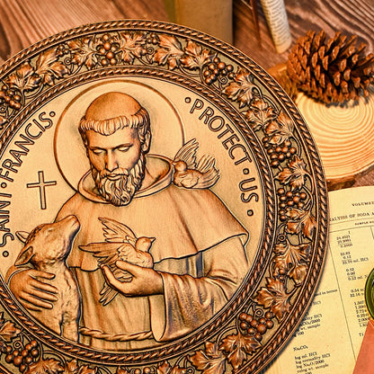 Assisi St. Francis Disc Religious Icon Wooden Craft Christian Holy Statue Ornament Natural Solid Wood Wood Carving Free Shipping