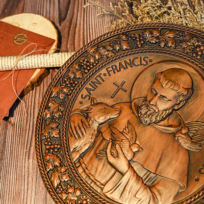 Assisi St. Francis Disc Religious Icon Wooden Craft Christian Holy Statue Ornament Natural Solid Wood Wood Carving Free Shipping
