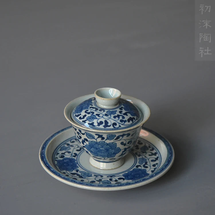 At the beginning of the jingdezhen ceramic foam mud manual under glaze blue and white tureen three bowl of dry tea bowl