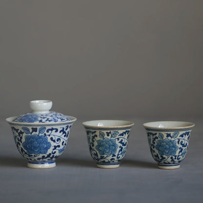 At the beginning of the jingdezhen ceramic foam mud manual under glaze blue and white tureen three bowl of dry tea bowl