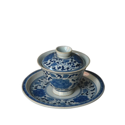 At the beginning of the jingdezhen ceramic foam mud manual under glaze blue and white tureen three bowl of dry tea bowl