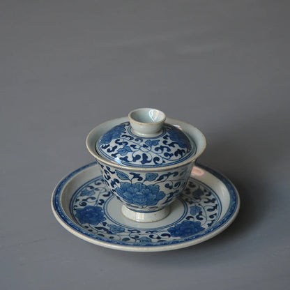 At the beginning of the jingdezhen ceramic foam mud manual under glaze blue and white tureen three bowl of dry tea bowl
