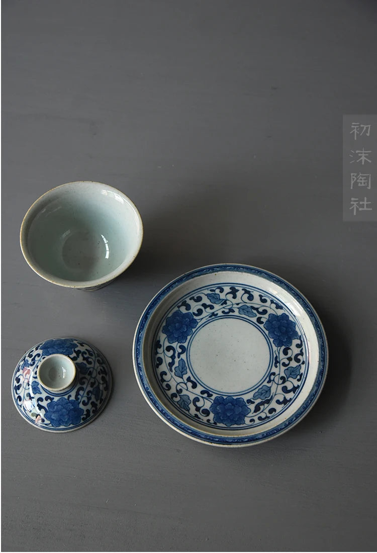 At the beginning of the jingdezhen ceramic foam mud manual under glaze blue and white tureen three bowl of dry tea bowl