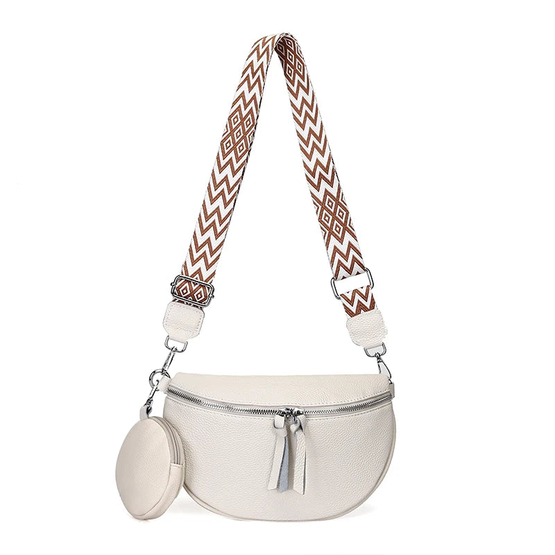 Authentic Cowhide Women's Shoulder Bag Striped Shoulder Strap Females Saddle Bag Fashion Versatile Girl Wallet Crossbody Bags