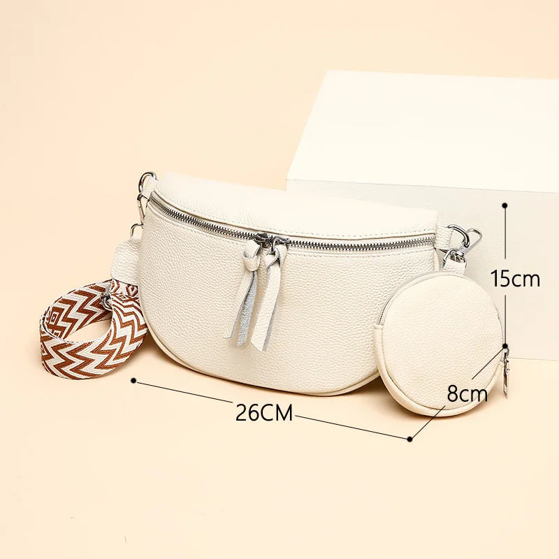 Authentic Cowhide Women's Shoulder Bag Striped Shoulder Strap Females Saddle Bag Fashion Versatile Girl Wallet Crossbody Bags