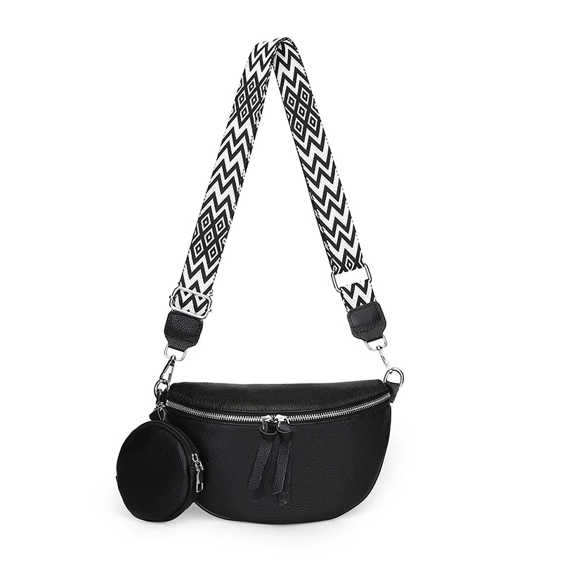 Authentic Cowhide Women's Shoulder Bag Striped Shoulder Strap Females Saddle Bag Fashion Versatile Girl Wallet Crossbody Bags