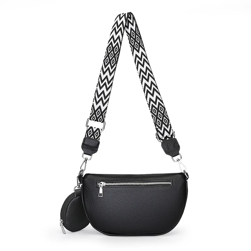 Authentic Cowhide Women's Shoulder Bag Striped Shoulder Strap Females Saddle Bag Fashion Versatile Girl Wallet Crossbody Bags