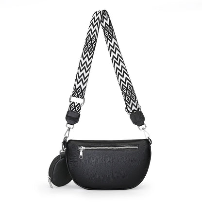 Authentic Cowhide Women's Shoulder Bag Striped Shoulder Strap Females Saddle Bag Fashion Versatile Girl Wallet Crossbody Bags