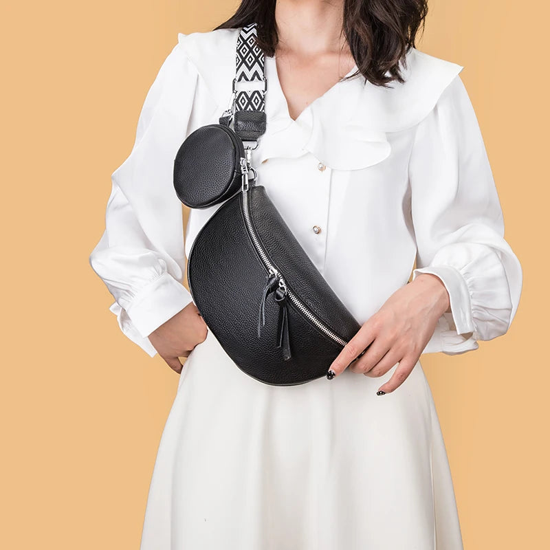 Authentic Cowhide Women's Shoulder Bag Striped Shoulder Strap Females Saddle Bag Fashion Versatile Girl Wallet Crossbody Bags