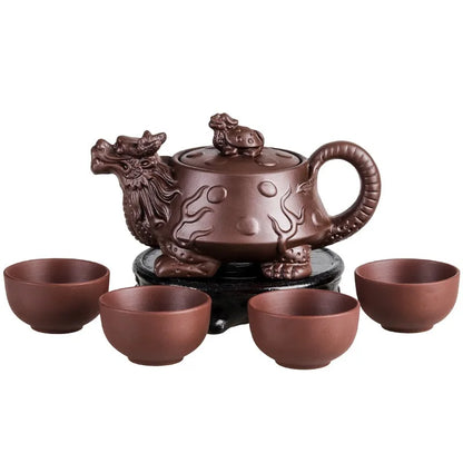 Authentic Yixing Dragon Teapot Sets 5pcs Ceramic Purple Clay Kung Fu Tea Set 1 Teapot + 4 Cups Handmade Zisha Teapot Set 150ML