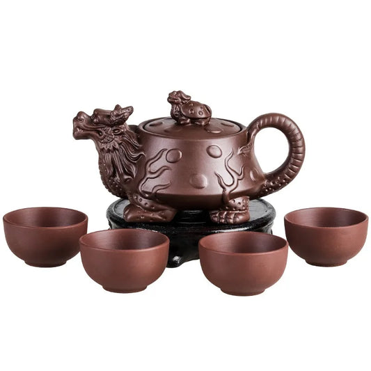 Authentic Yixing Dragon Teapot Sets 5pcs Ceramic Purple Clay Kung Fu Tea Set 1 Teapot + 4 Cups Handmade Zisha Teapot Set 150ML