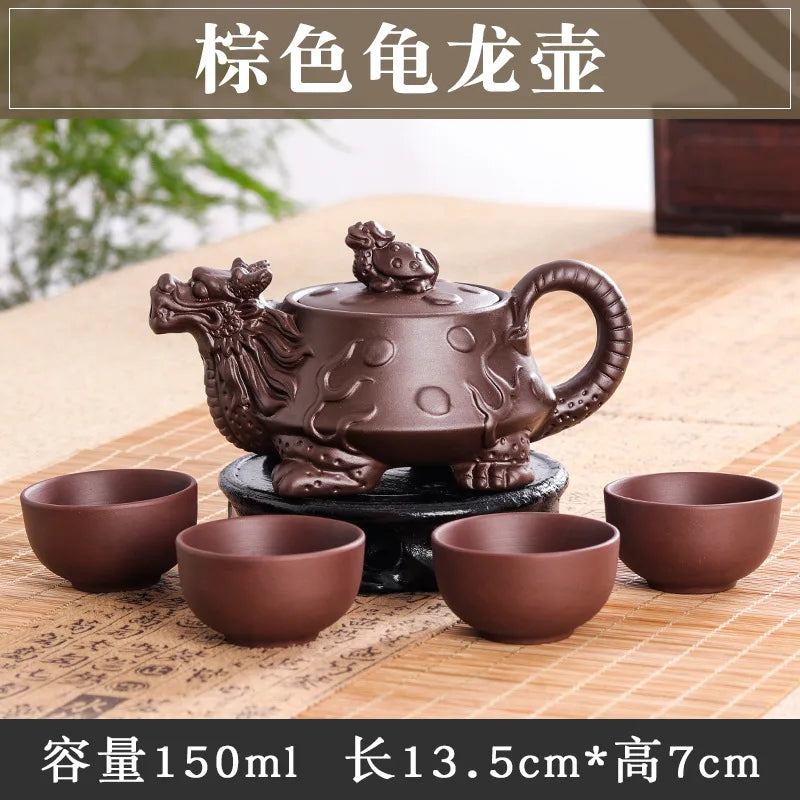 Authentic Yixing Dragon Teapot Sets 5pcs Ceramic Purple Clay Kung Fu Tea Set 1 Teapot + 4 Cups Handmade Zisha Teapot Set 150ML