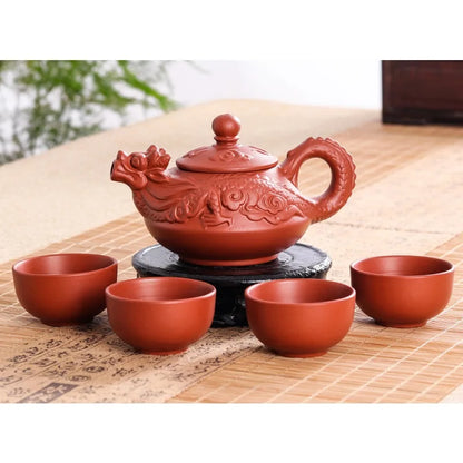 Authentic Yixing Dragon Teapot Sets 5pcs Ceramic Purple Clay Kung Fu Tea Set 1 Teapot + 4 Cups Handmade Zisha Teapot Set 150ML