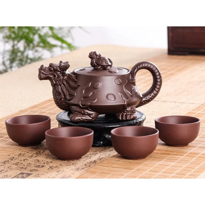 Authentic Yixing Dragon Teapot Sets 5pcs Ceramic Purple Clay Kung Fu Tea Set 1 Teapot + 4 Cups Handmade Zisha Teapot Set 150ML