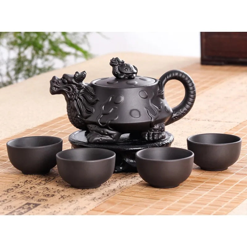 Authentic Yixing Dragon Teapot Sets 5pcs Ceramic Purple Clay Kung Fu Tea Set 1 Teapot + 4 Cups Handmade Zisha Teapot Set 150ML