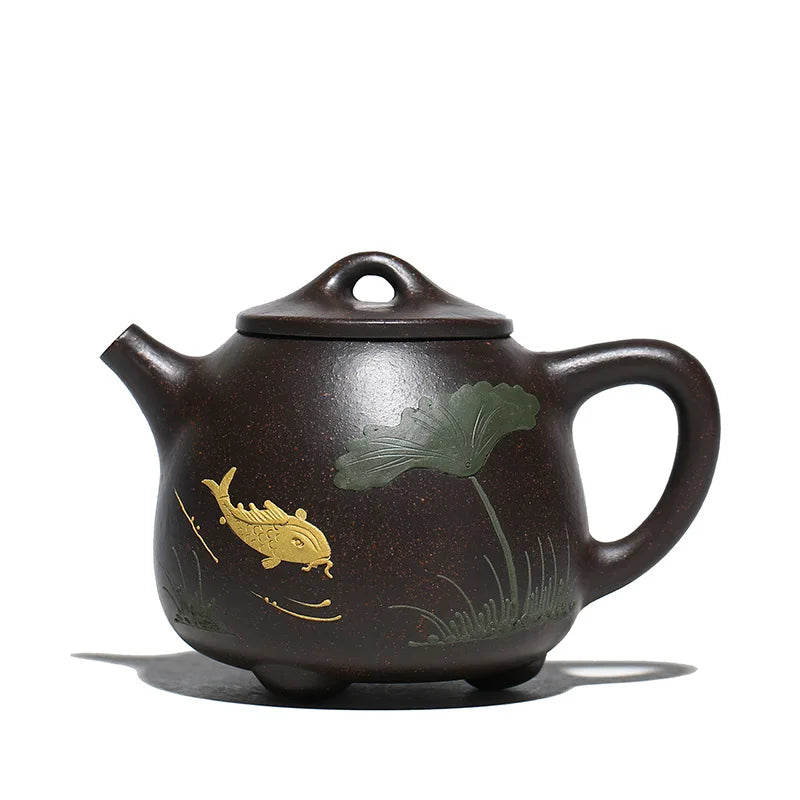 Authentic Yixing Purple Clay Teapot, Zisha, Handmade, Tea Set, Drinking, Huanglongshan Mud, Black Gold, Sand Fish, High Stone