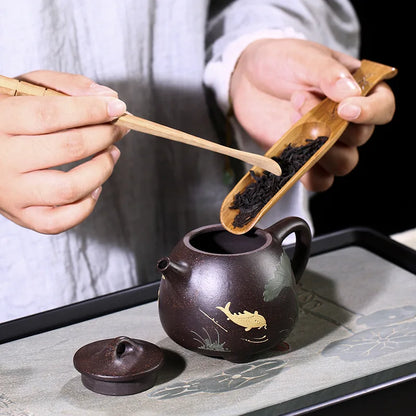 Authentic Yixing Purple Clay Teapot, Zisha, Handmade, Tea Set, Drinking, Huanglongshan Mud, Black Gold, Sand Fish, High Stone