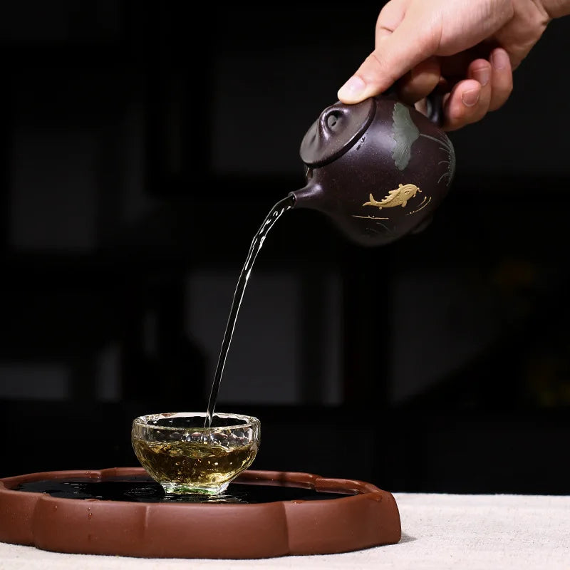 Authentic Yixing Purple Clay Teapot, Zisha, Handmade, Tea Set, Drinking, Huanglongshan Mud, Black Gold, Sand Fish, High Stone