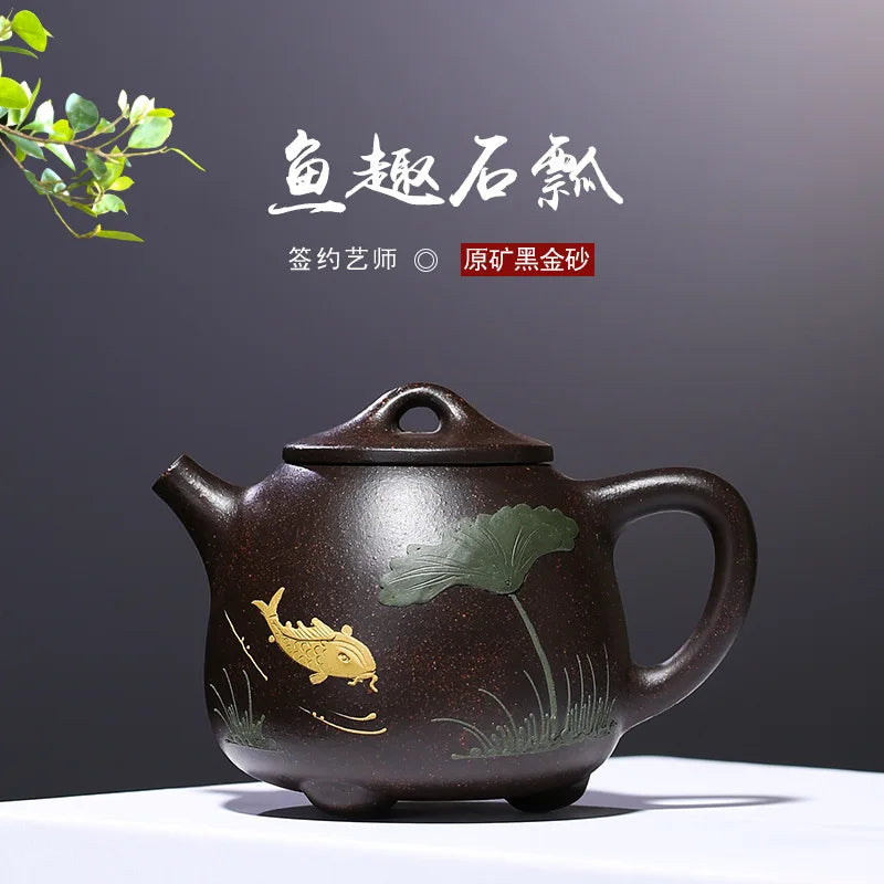 Authentic Yixing Purple Clay Teapot, Zisha, Handmade, Tea Set, Drinking, Huanglongshan Mud, Black Gold, Sand Fish, High Stone