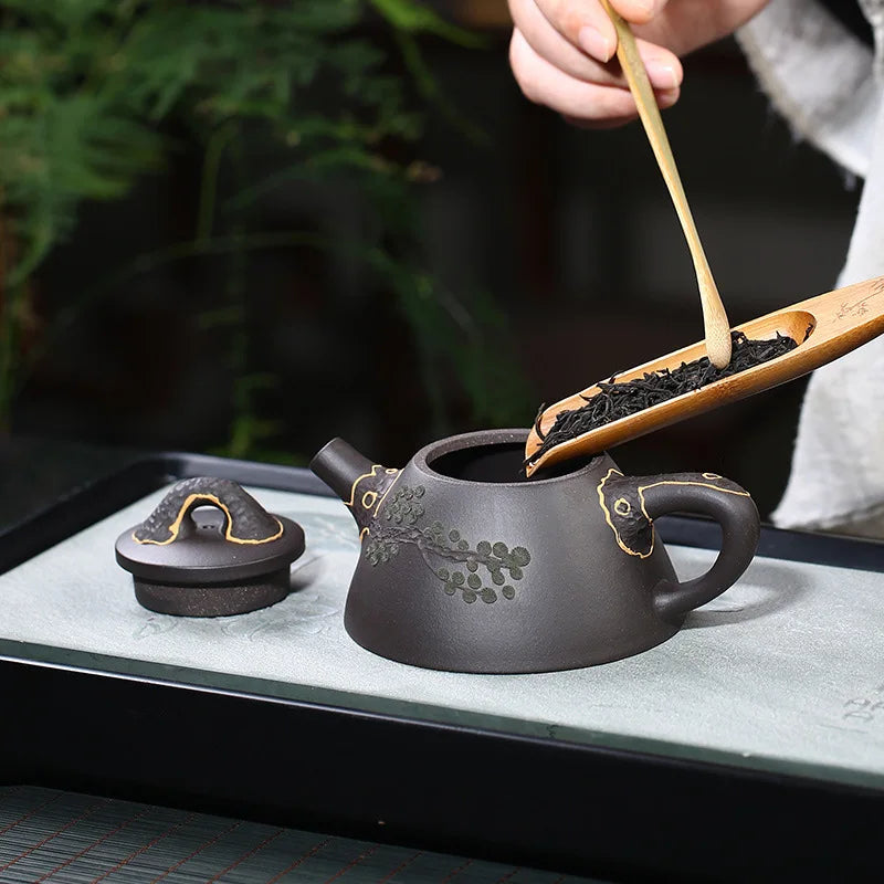Authentic Zisha Purple Clay Teapot, Handmade Tea Set, Tea Drinking, Huanglongshan Mud, Black Mud, Turquoise Scoop