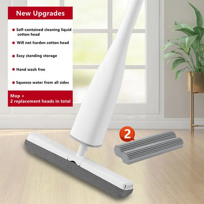 Automatic Self-Wringing Mop Flat Mop Easy Mop with PVA Sponge Mop Heads Free Hand Washing Self-Wringing for Bedroom Floor Clean