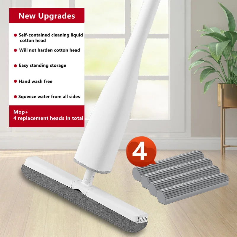 Automatic Self-Wringing Mop Flat Mop Easy Mop with PVA Sponge Mop Heads Free Hand Washing Self-Wringing for Bedroom Floor Clean