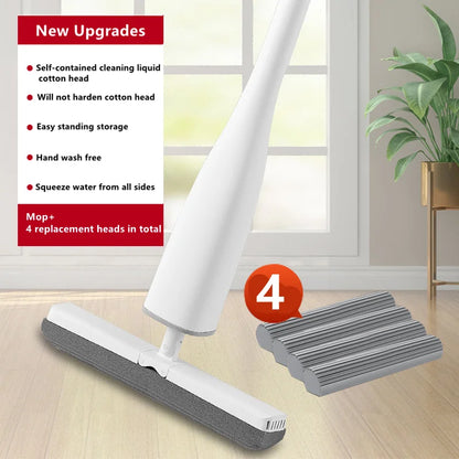 Automatic Self-Wringing Mop Flat Mop Easy Mop with PVA Sponge Mop Heads Free Hand Washing Self-Wringing for Bedroom Floor Clean