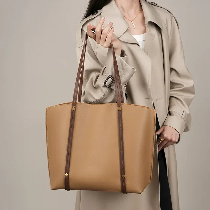 Autumn new niche soft leather women's large capacity tote bag 2024 summer commuting high-end single shoulder bag