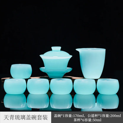 Azure Glass Tea Set Light Luxury Kung Fu Tea Cup Home Tureen High-End High-End Glass Office Gift Box