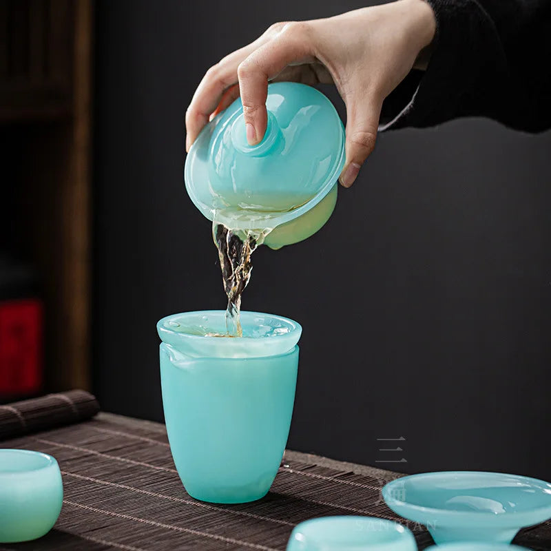 Azure Glass Tea Set Light Luxury Kung Fu Tea Cup Home Tureen High-End High-End Glass Office Gift Box