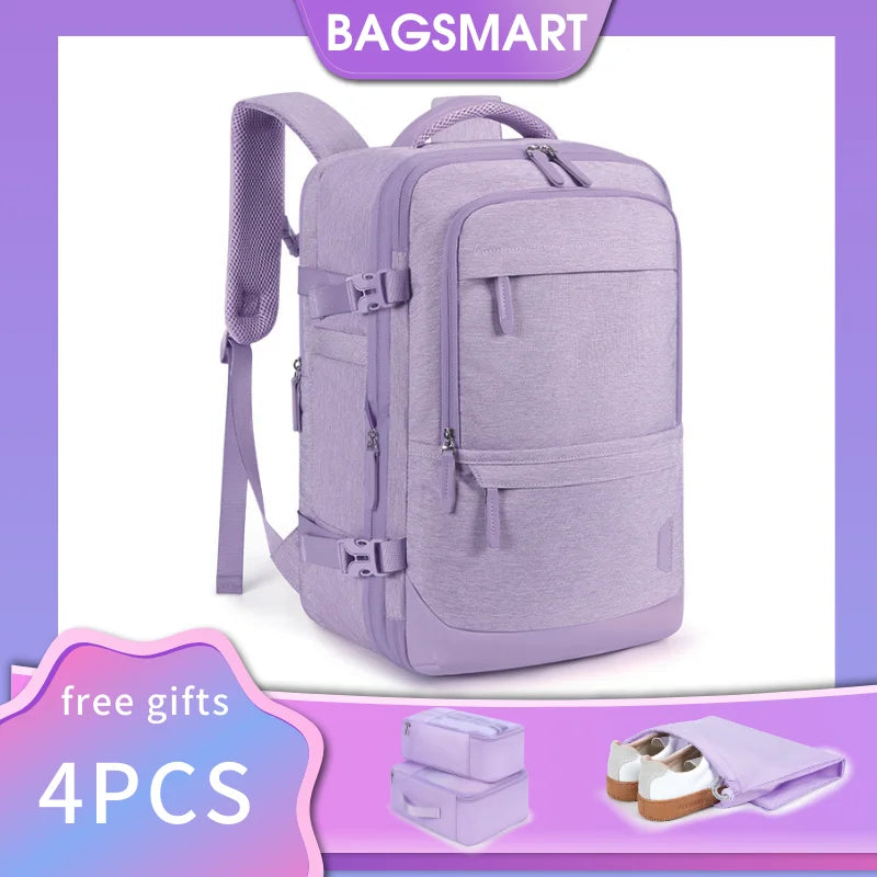 BAGSMART 17'' Laptop Backpack Travel Cabin 4pcs 40L Expandable Carry On Backpack with Shoe Bag Waterproof Female Backpack