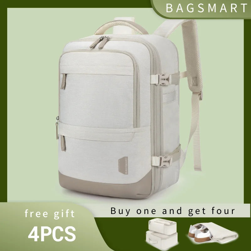 BAGSMART 17'' Laptop Backpack Travel Cabin 4pcs 40L Expandable Carry On Backpack with Shoe Bag Waterproof Female Backpack