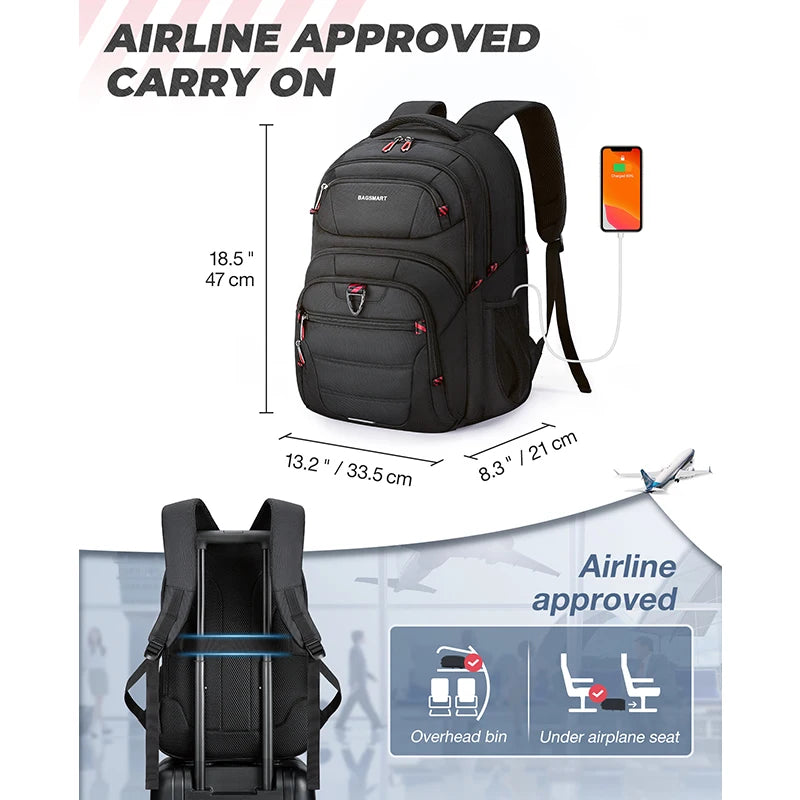 BAGSMART 40L Travel Backpack for Men 17.3 Inch Laptop Bookbag with USB Charging Port Waterproof Backpack Cabin Max 55x40x20