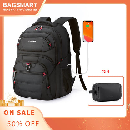 BAGSMART 40L Travel Backpack for Men 17.3 Inch Laptop Bookbag with USB Charging Port Waterproof Backpack Cabin Max 55x40x20