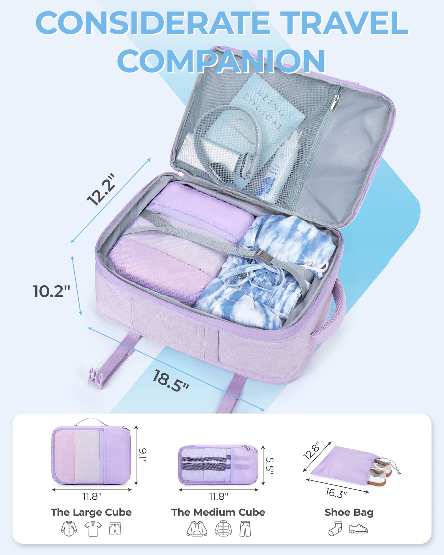 BAGSMART 4PCS Travel Backpack Cabin Carry On Backpack with Packing Cubes 40L Expandable Waterproof Backpacks for Women