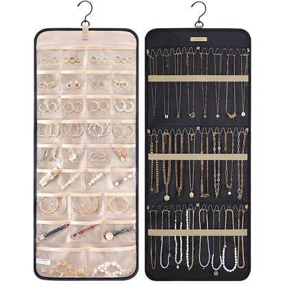 BAGSMART Hanging Jewelry Organizer Storage Roll with Hanger Metal Hooks Double-Sided Jewelry Holder for Earrings Necklaces Rings