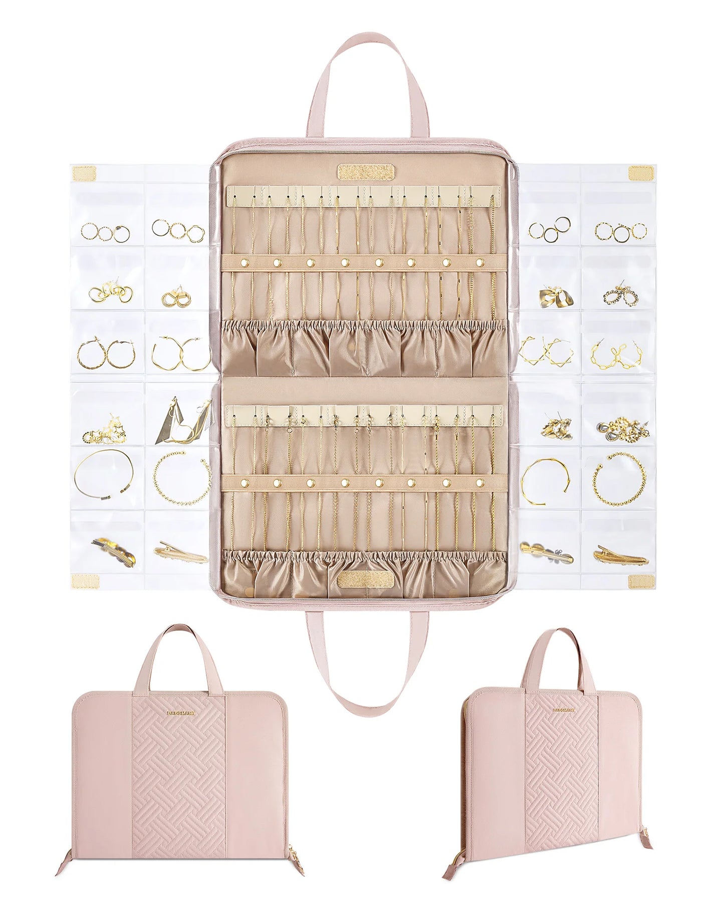 BAGSMART Hanging Jewelry Organizer Storage Roll with Hanger Metal Hooks Double-Sided Jewelry Holder for Earrings Necklaces Rings