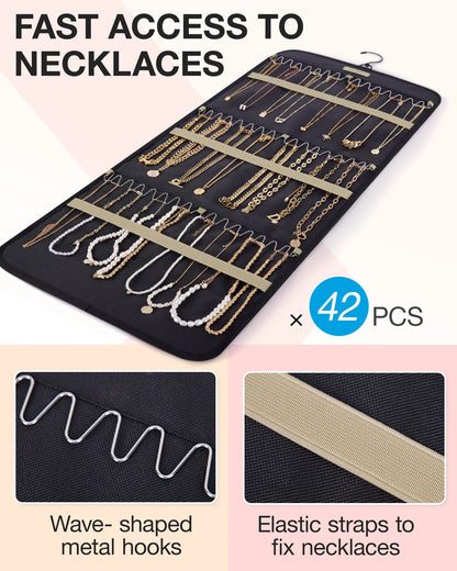 BAGSMART Hanging Jewelry Organizer Storage Roll with Hanger Metal Hooks Double-Sided Jewelry Holder for Earrings Necklaces Rings