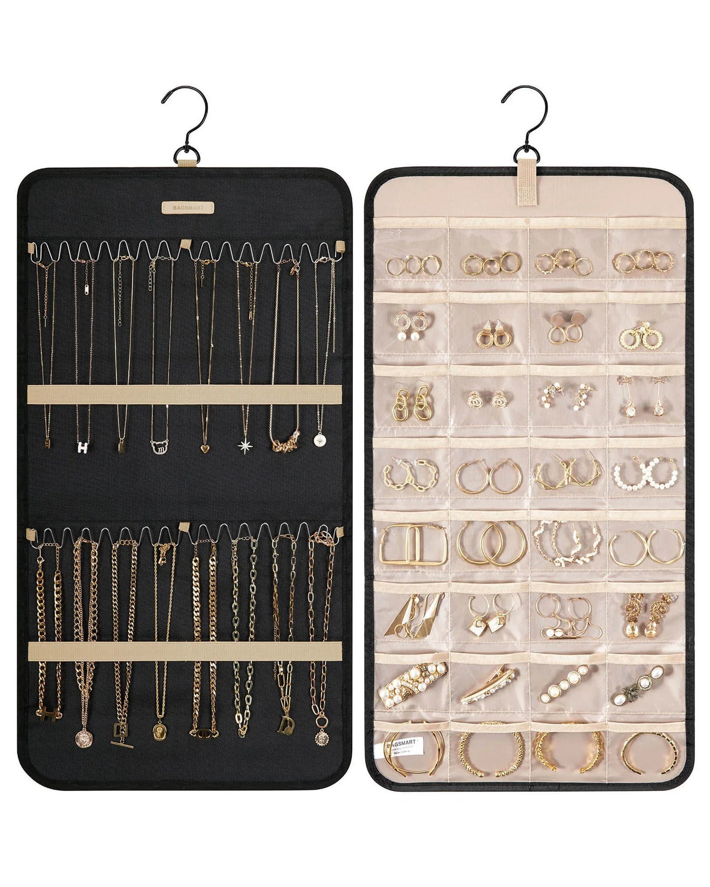 BAGSMART Hanging Jewelry Organizer Storage Roll with Hanger Metal Hooks Double-Sided Jewelry Holder for Earrings Necklaces Rings
