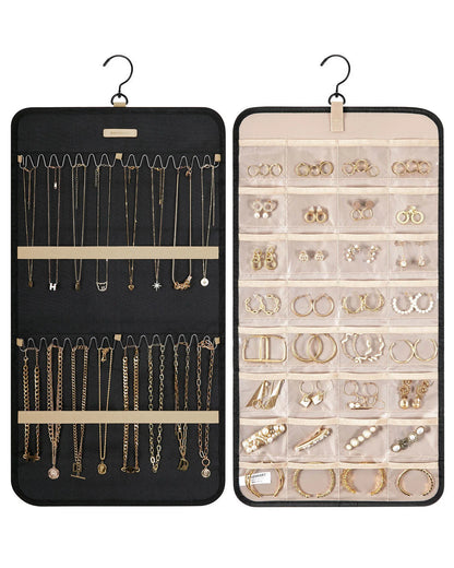 BAGSMART Hanging Jewelry Organizer Storage Roll with Hanger Metal Hooks Double-Sided Jewelry Holder for Earrings Necklaces Rings