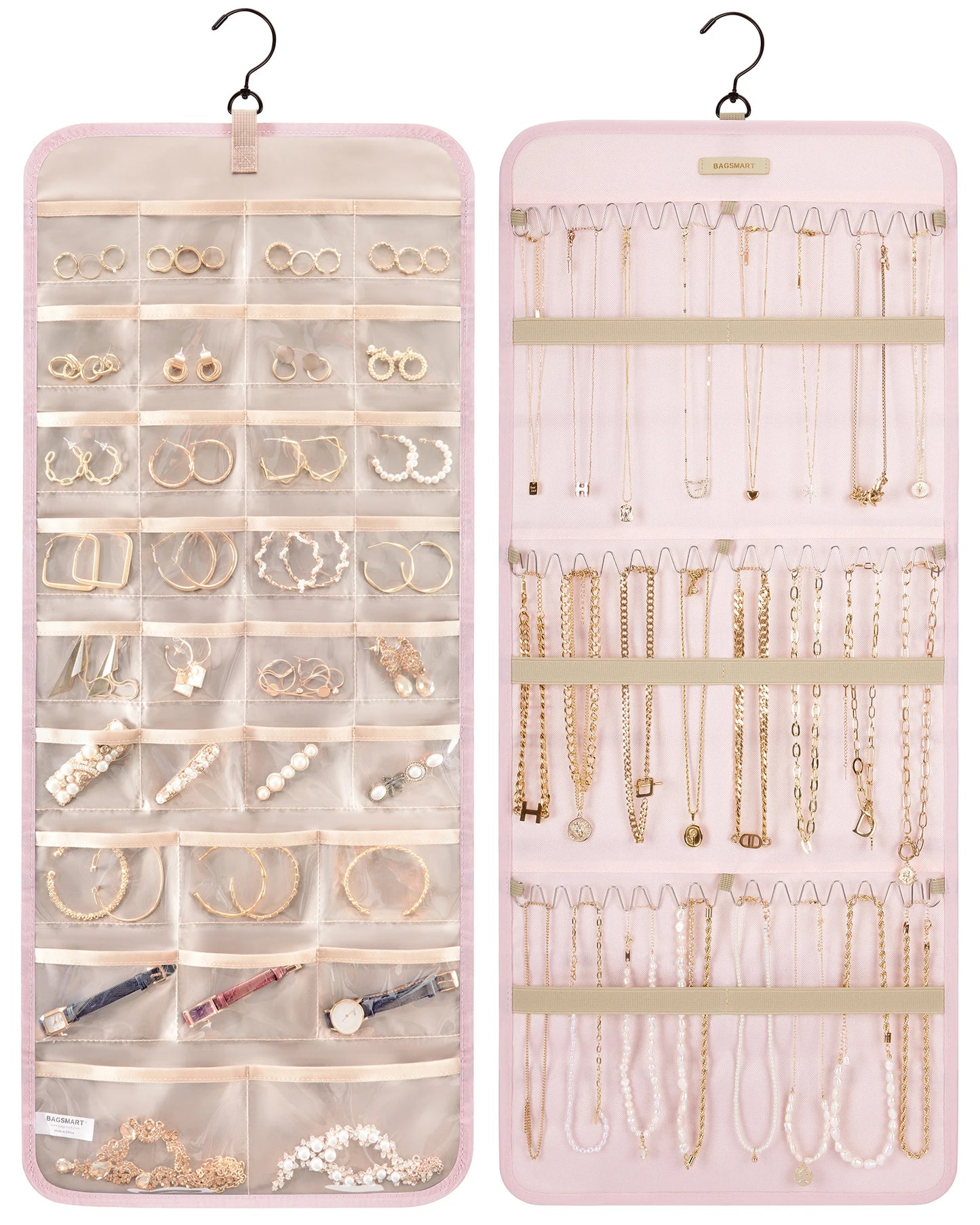 BAGSMART Hanging Jewelry Organizer Storage Roll with Hanger Metal Hooks Double-Sided Jewelry Holder for Earrings Necklaces Rings