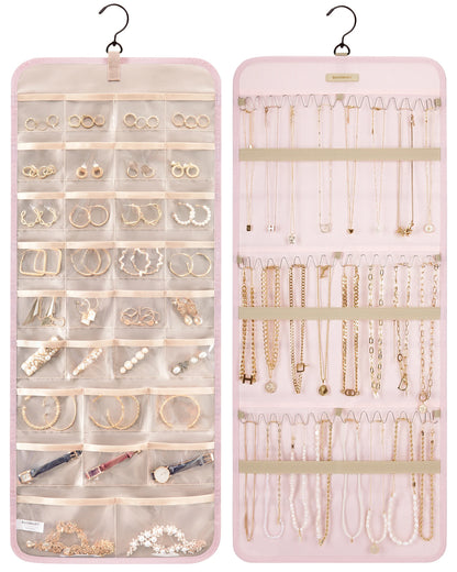 BAGSMART Hanging Jewelry Organizer Storage Roll with Hanger Metal Hooks Double-Sided Jewelry Holder for Earrings Necklaces Rings