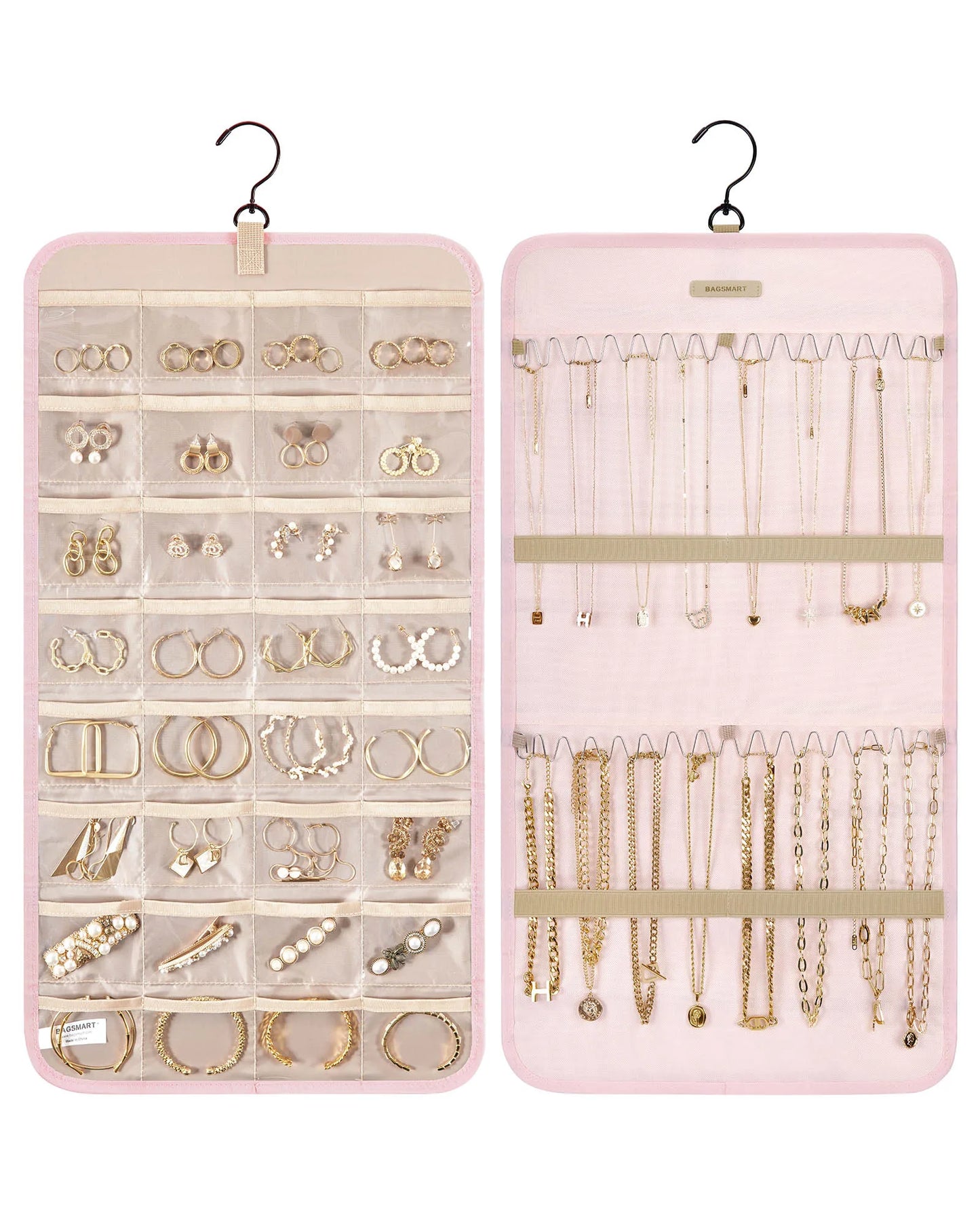 BAGSMART Hanging Jewelry Organizer Storage Roll with Hanger Metal Hooks Double-Sided Jewelry Holder for Earrings Necklaces Rings